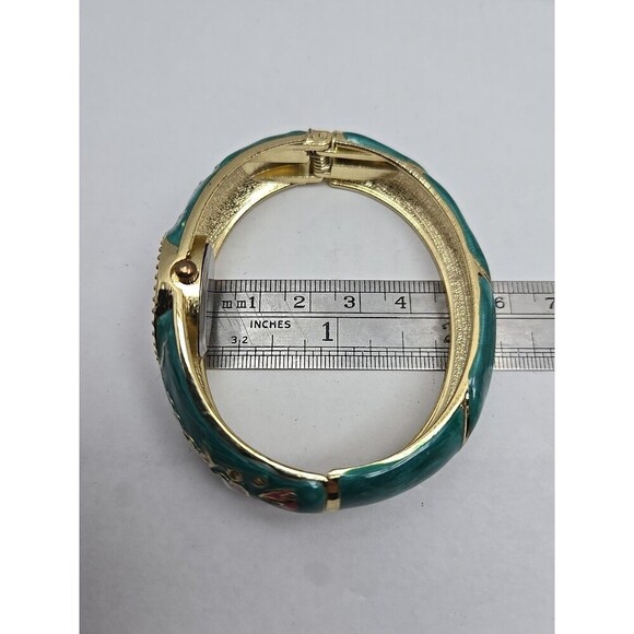 Floral Cloisonne Style Hinged Bangle Watch Green Enamel Gold Tone New Battery - Picture 9 of 12